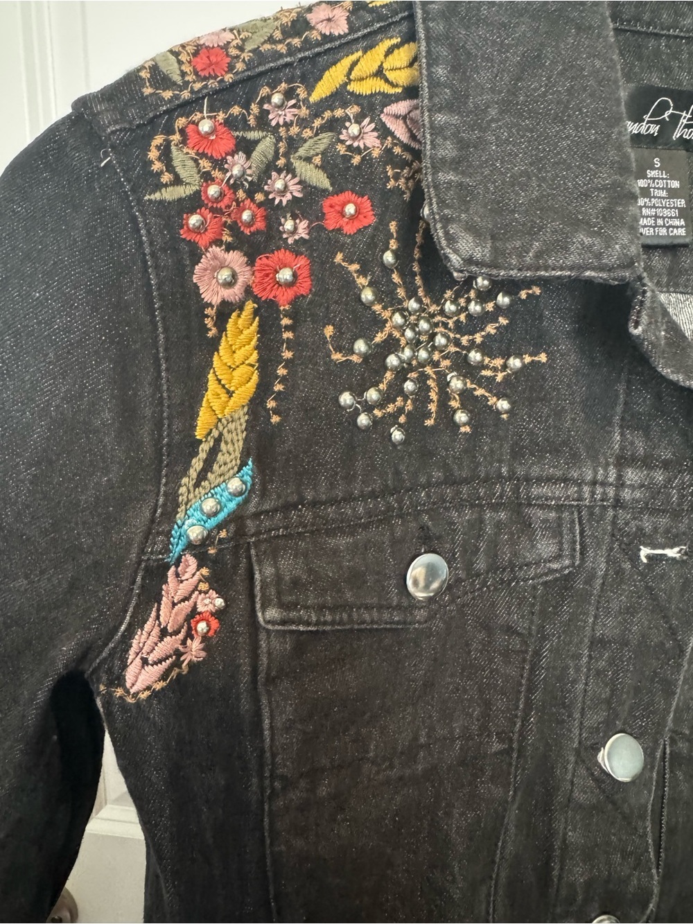 Boho Embroidered & Beaded Black Denim Jacket - Picture 4 of 6